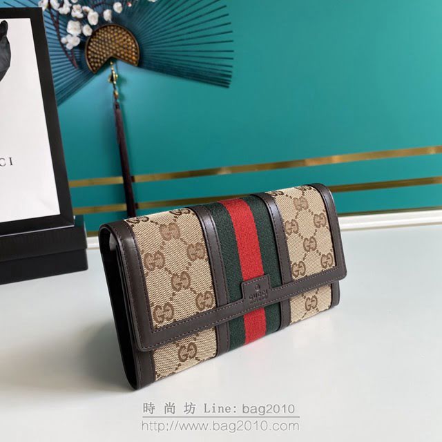 Gucci古馳包包 G家新款錢包 409440 古奇啡色杏布織帶翻蓋長款女錢包 gdj1373